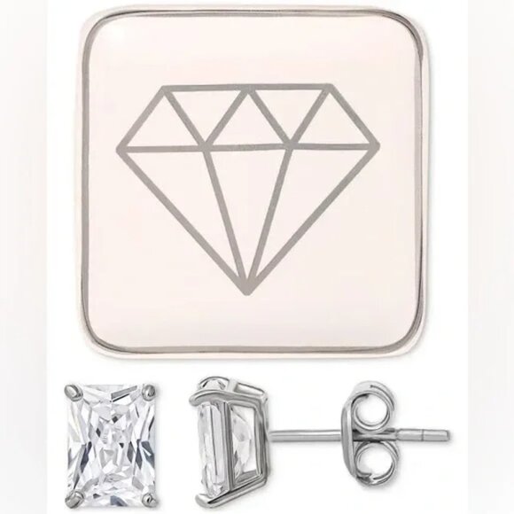 Macy's Sterling Silver Cubic Zirconia Studs With Earring Dish NWT - Picture 3 of 4